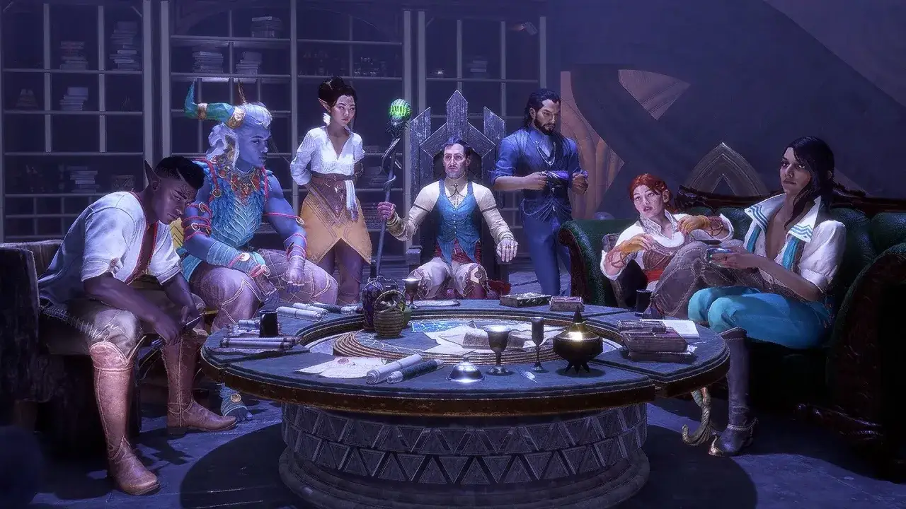 Grupa różnorodnych postaci z Dragon Age, zebrana wokół stołu w bibliotece, planuje kolejną przygodę.