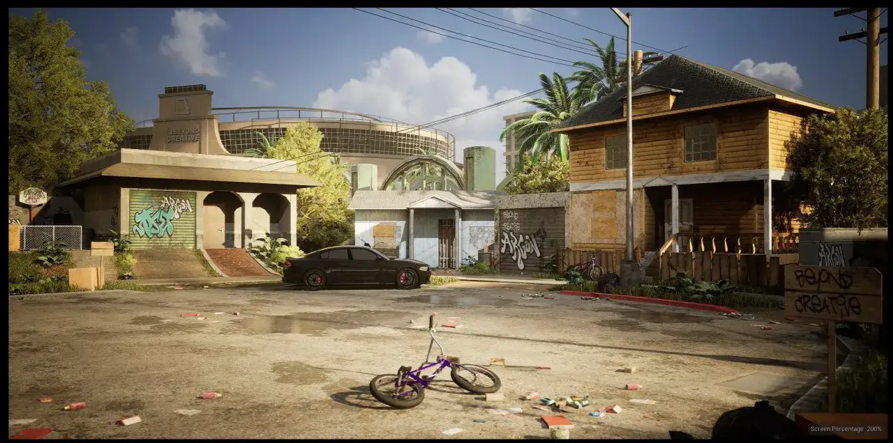 Na Grove Street, czarny samochód stoi obok zaniedbanej drewnianej chaty. Na ziemi leży porzucony rower i śmieci.