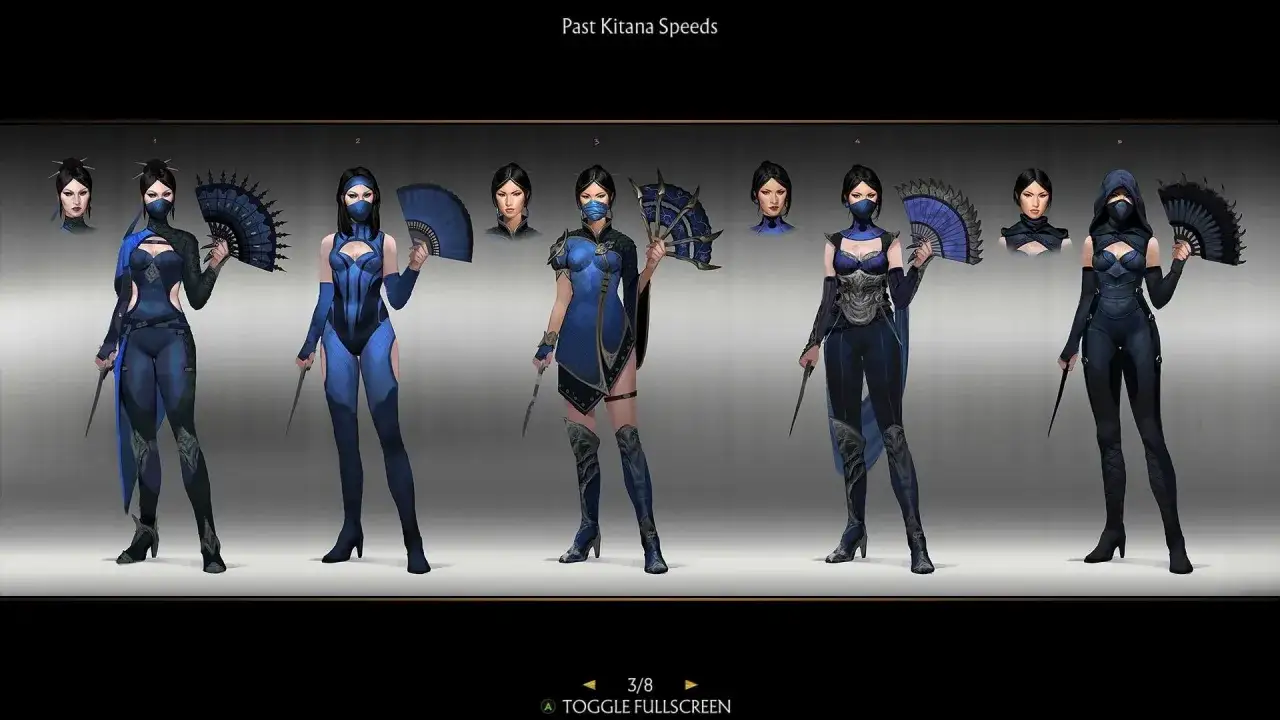 Zestaw szkiców postaci Kitany z Mortal Kombat, prezentujący różne stroje i wachlarze.