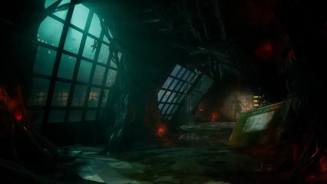 Mroczne, podwodne wnętrze z oknami wychodzącymi na ocean. Widać ślady zniszczenia i tajemnicze światła, sugerujące świat z gry bioshock 4.