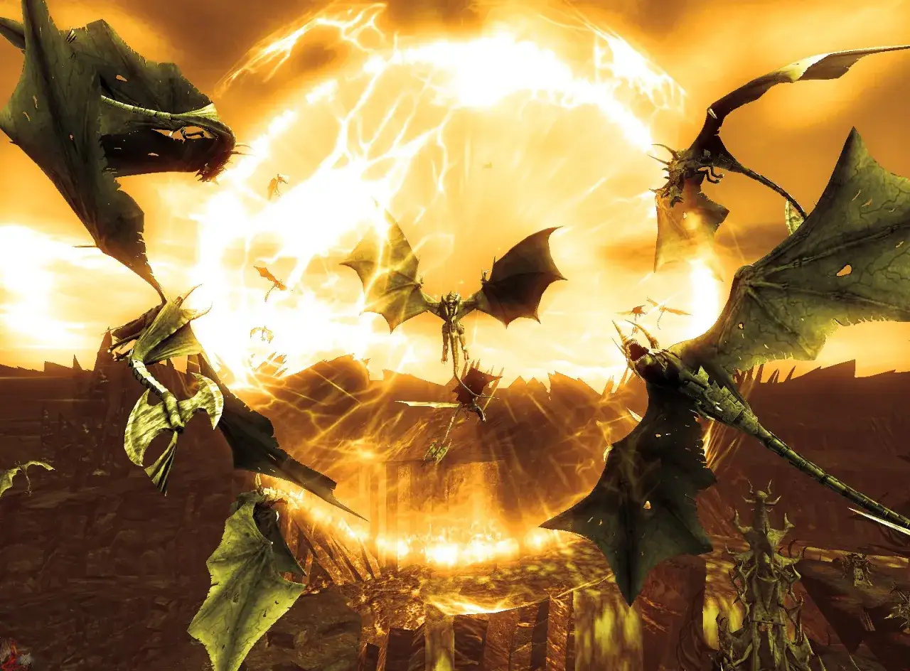 Smoki walczą w powietrzu, otoczone oślepiającym blaskiem, jakby scena z Divinity II Ego Draconis.