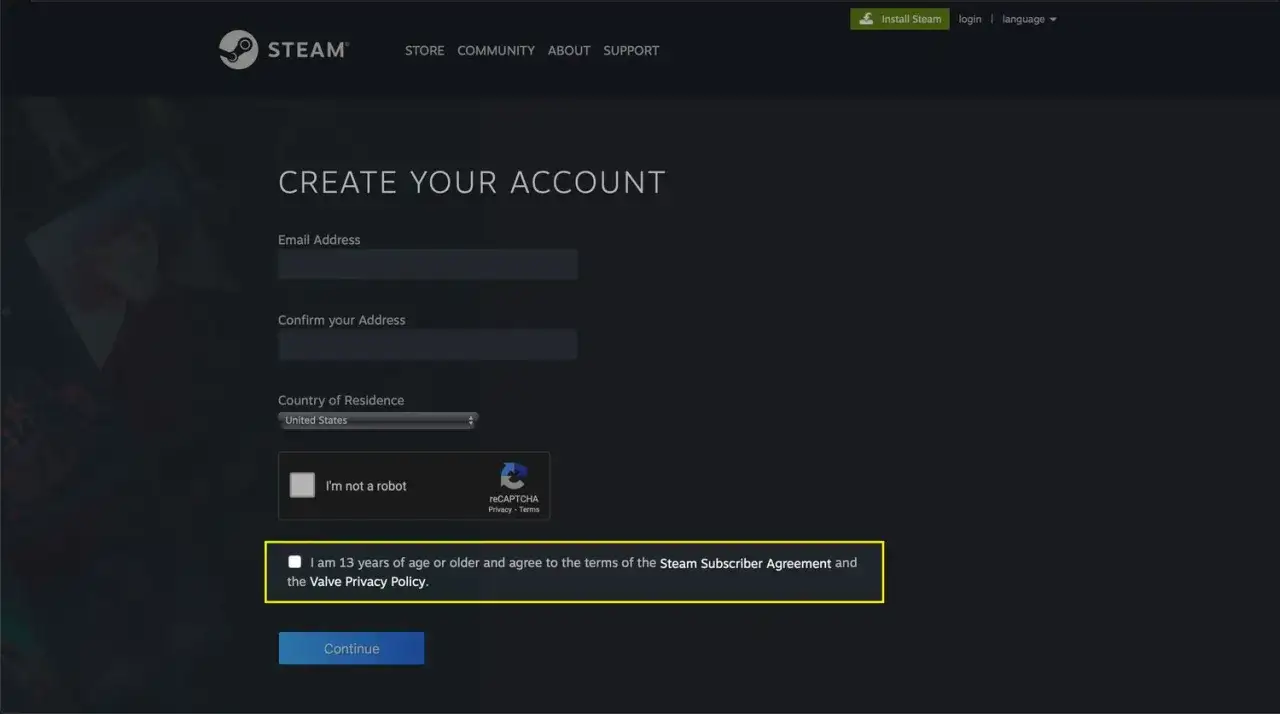 Formularz tworzenia konta Steam: podaj adres e-mail, potwierdź go, wybierz kraj i zaakceptuj regulamin, aby utworzyć konto na Steam.