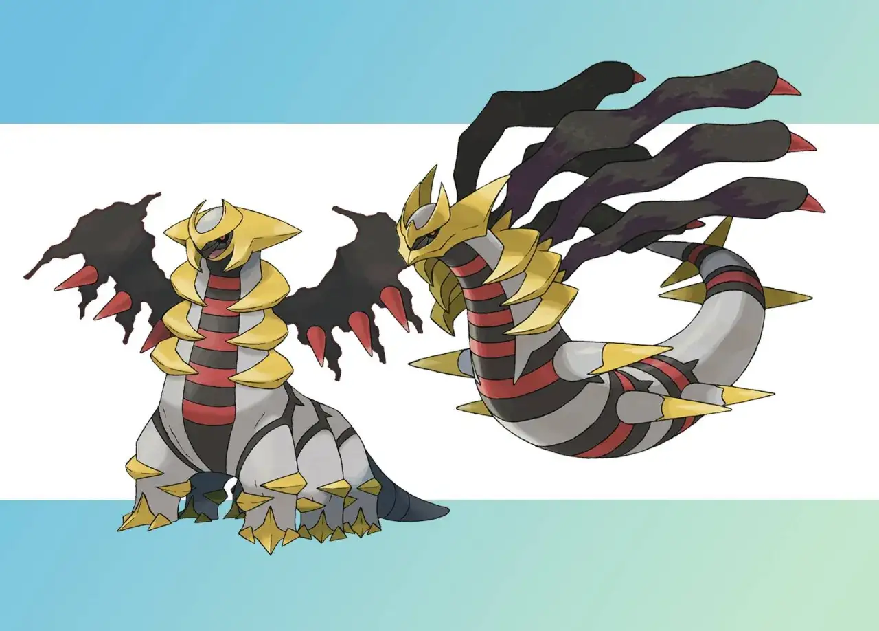 Dwa warianty Giratiny, legendarnego Pokémona, w swoich formach: pierwsza stoi na czterech łapach, druga wijąca się w powietrzu.