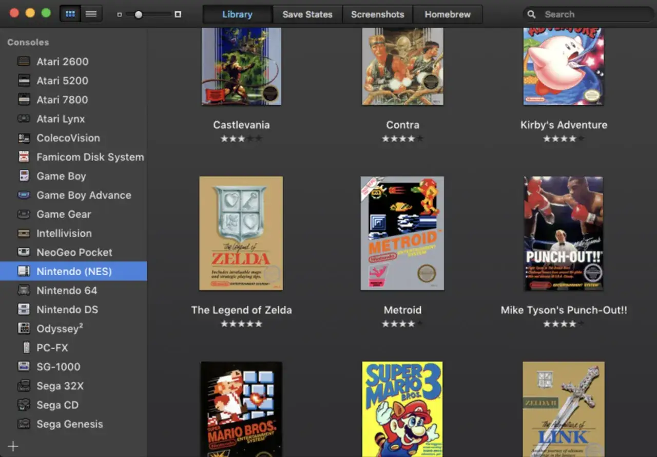 Biblioteka gier NES, w tym Castlevania, Contra, Metroid i inne klasyki, uruchomione przez DOSBox.