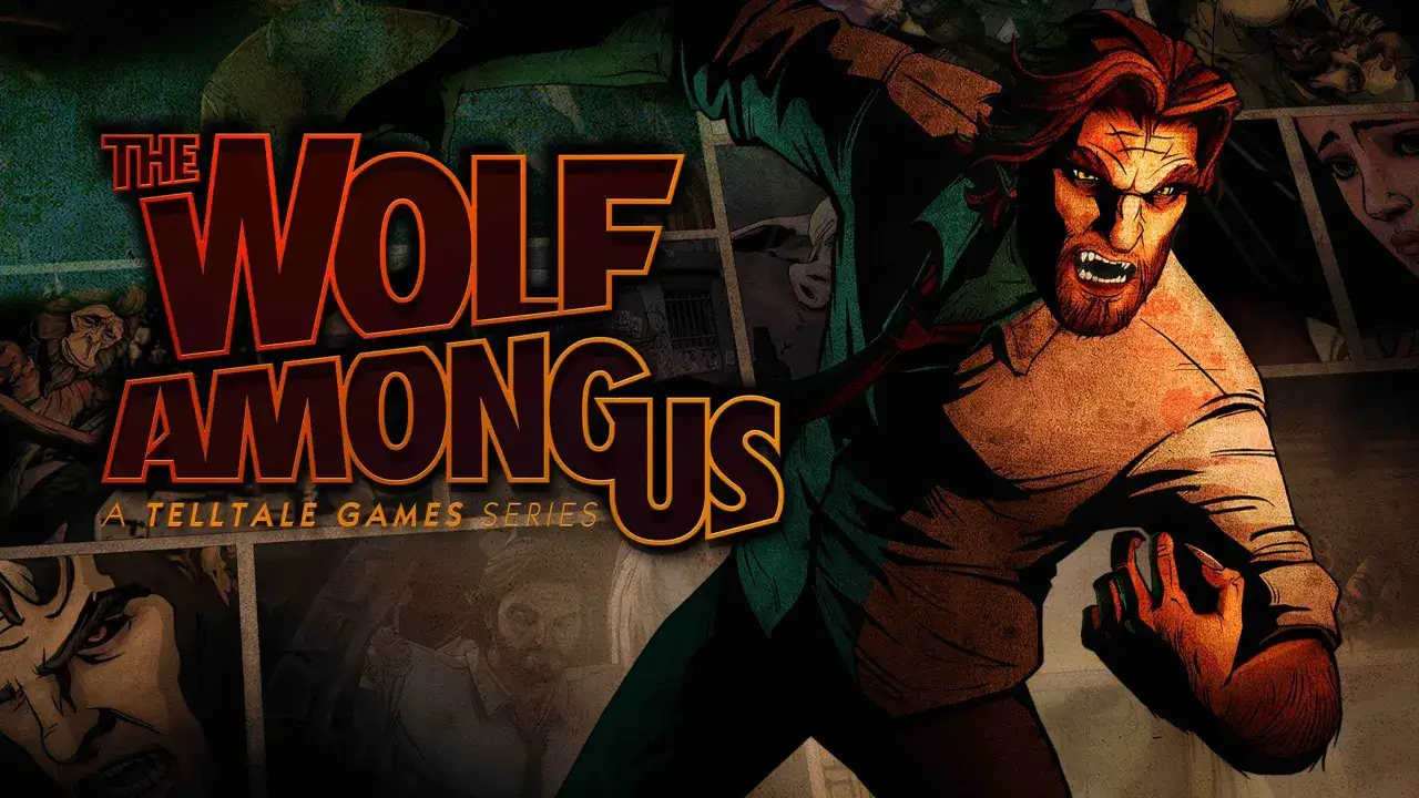 Wilkołak z The Wolf Among Us w spolszczeniu, gotowy do walki. Komiksowa grafika, mroczny klimat.