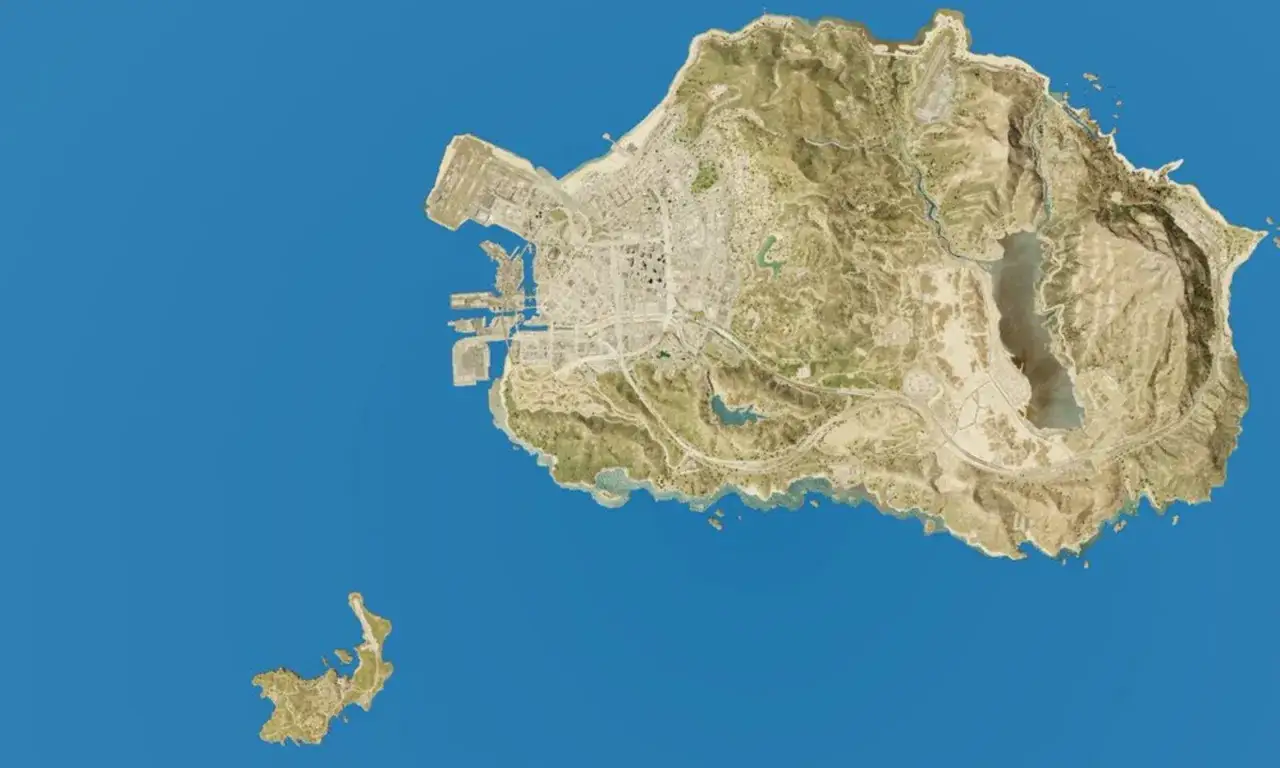 Mapa Cayo Perico z lotniskiem i portem. W oddali widać mniejszą wyspę.