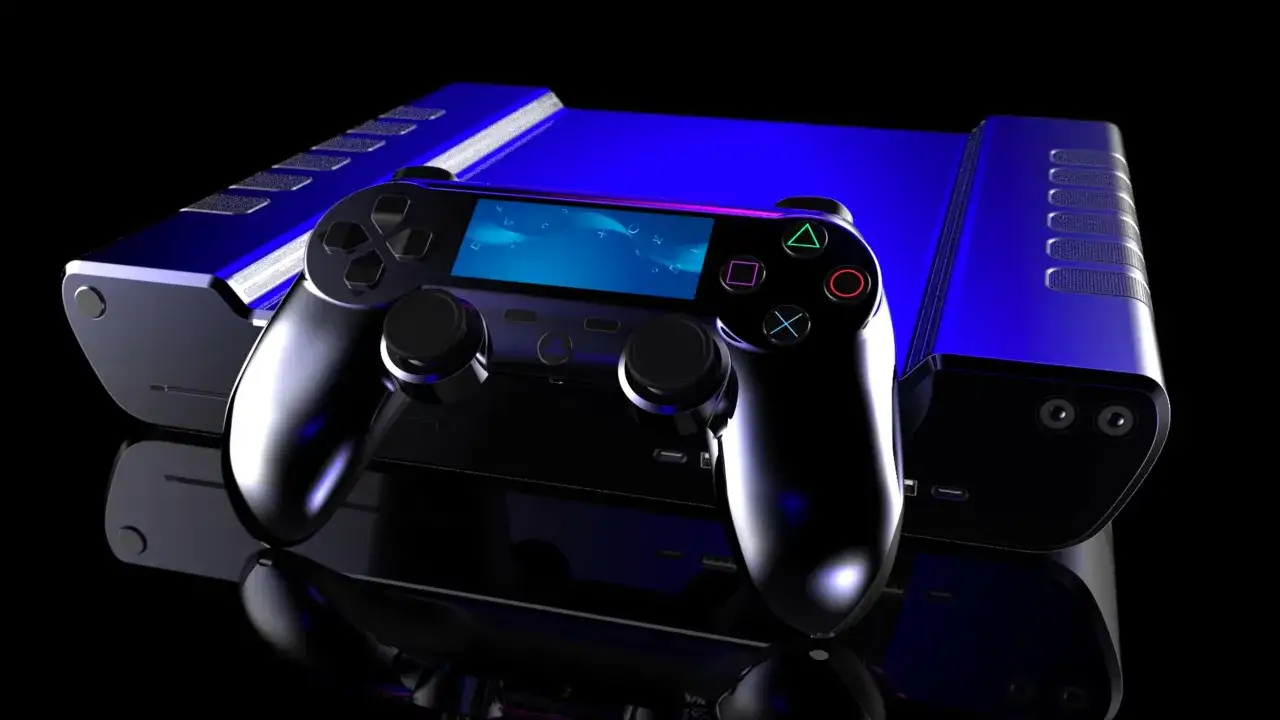 Futurystyczny kontroler i konsola w kolorze niebieskim, przypominające playstation 7.