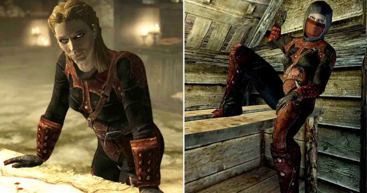 Dwie kobiety w strojach Mrocznego Bractwa ze Skyrim. Jedna pochyla się nad mapą, druga siedzi na belce.