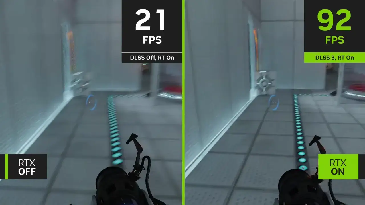 Porównanie płynności gry: po lewej 21 FPS (DLSS Off, RT On) z widocznym motion blur, po prawej 92 FPS (DLSS 3, RT On) z płynnym obrazem.