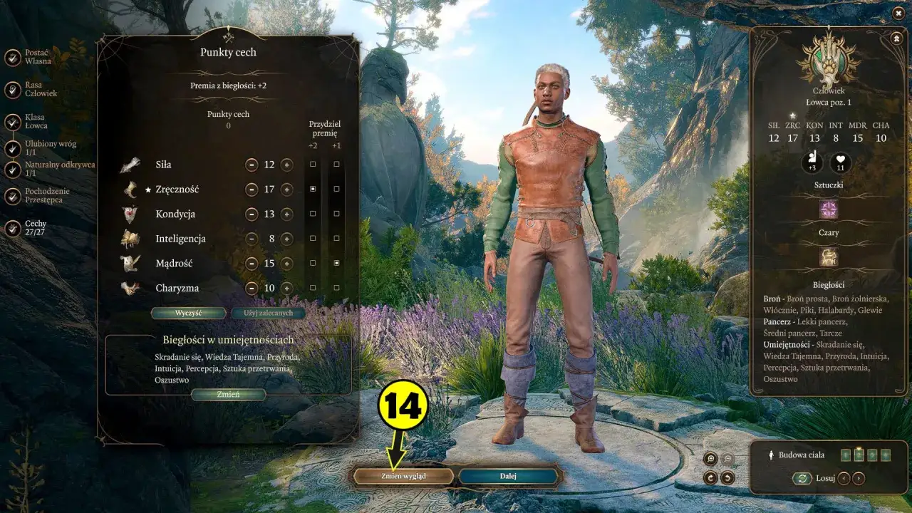 Postać łowcy w grze Baldur's Gate 3, z widocznym panelem statystyk i umiejętności.