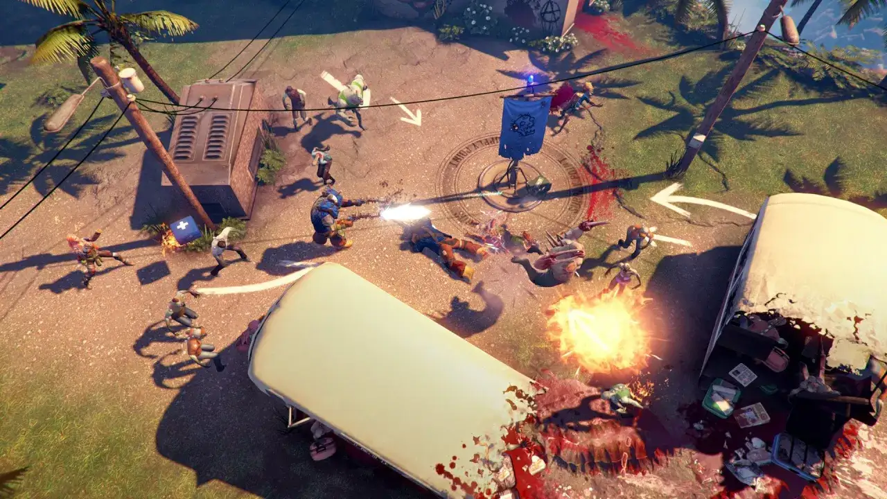 Intensywna walka z hordą zombie w Dead Island Epidemic. Postacie strzelają, walczą i uciekają przed zagrożeniem.
