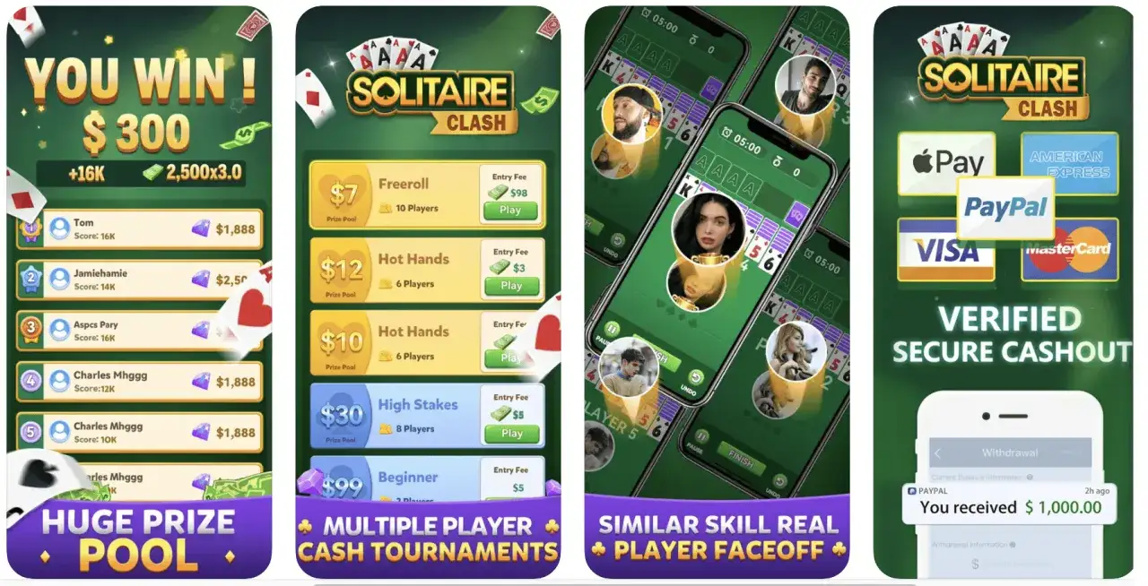 Gry do zarabiania pieniędzy: wygraj $300 w Solitaire Clash! Graj w turniejach, wypłacaj bezpiecznie przez PayPal, Visa.