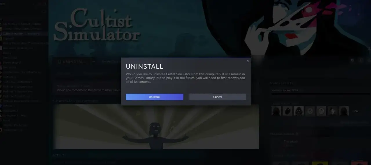 Potwierdzenie odinstalowania gry Cultist Simulator. Dowiedz się, jak usunąć Steam z komputera, klikając 