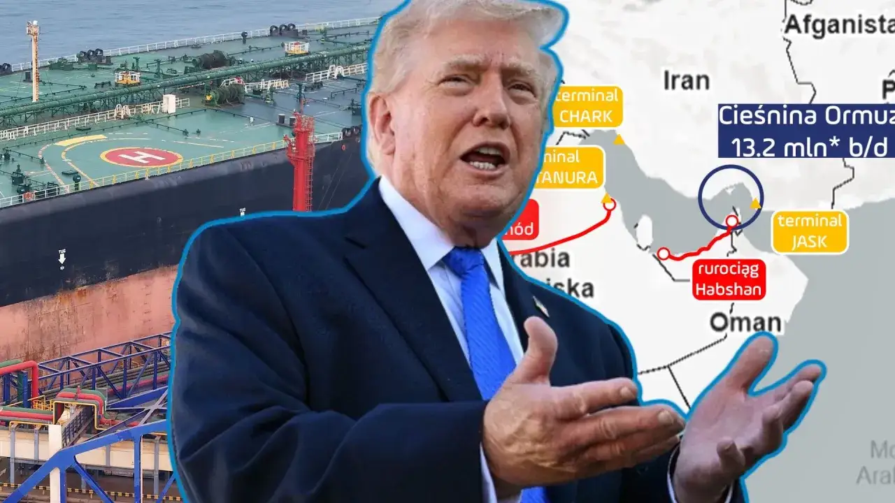 Donald Trump na tle mapy Bliskiego Wschodu i tankowca, symbolizujący geopolityczne napięcia i turmoil wokół dostaw ropy.