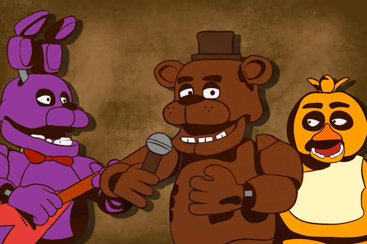 Freddy Fazbear śpiewa do mikrofonu, podczas gdy Bonnie gra na gitarze, a Chica patrzy z boku.