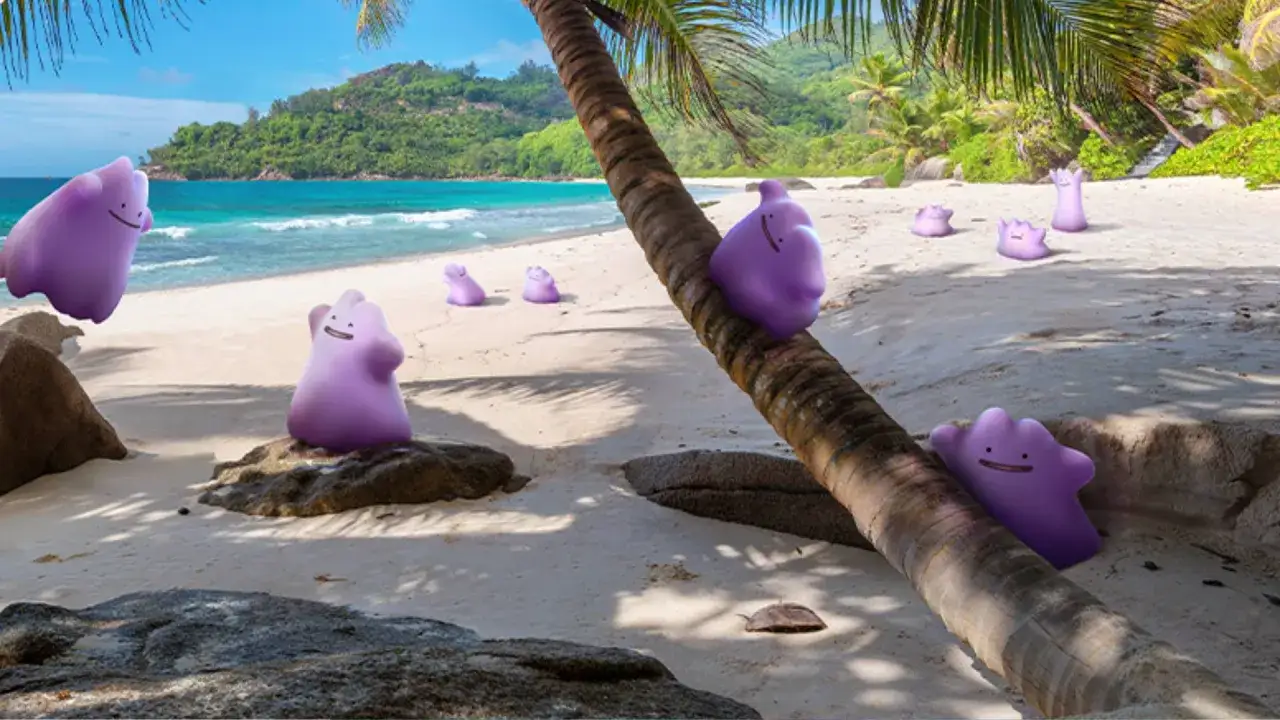 Wesołe Ditto bawią się na tropikalnej plaży, niektóre wspinają się po palmie, inne relaksują na piasku.