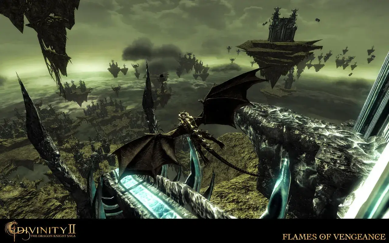 Smok w locie nad latającymi wyspami w świecie Divinity II: The Dragon Knight Saga.