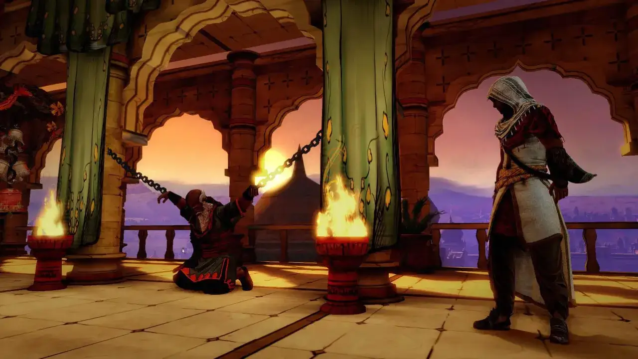 Arbaaz w Assassin's Creed Chronicles India walczy z wrogiem przy pochodniach.