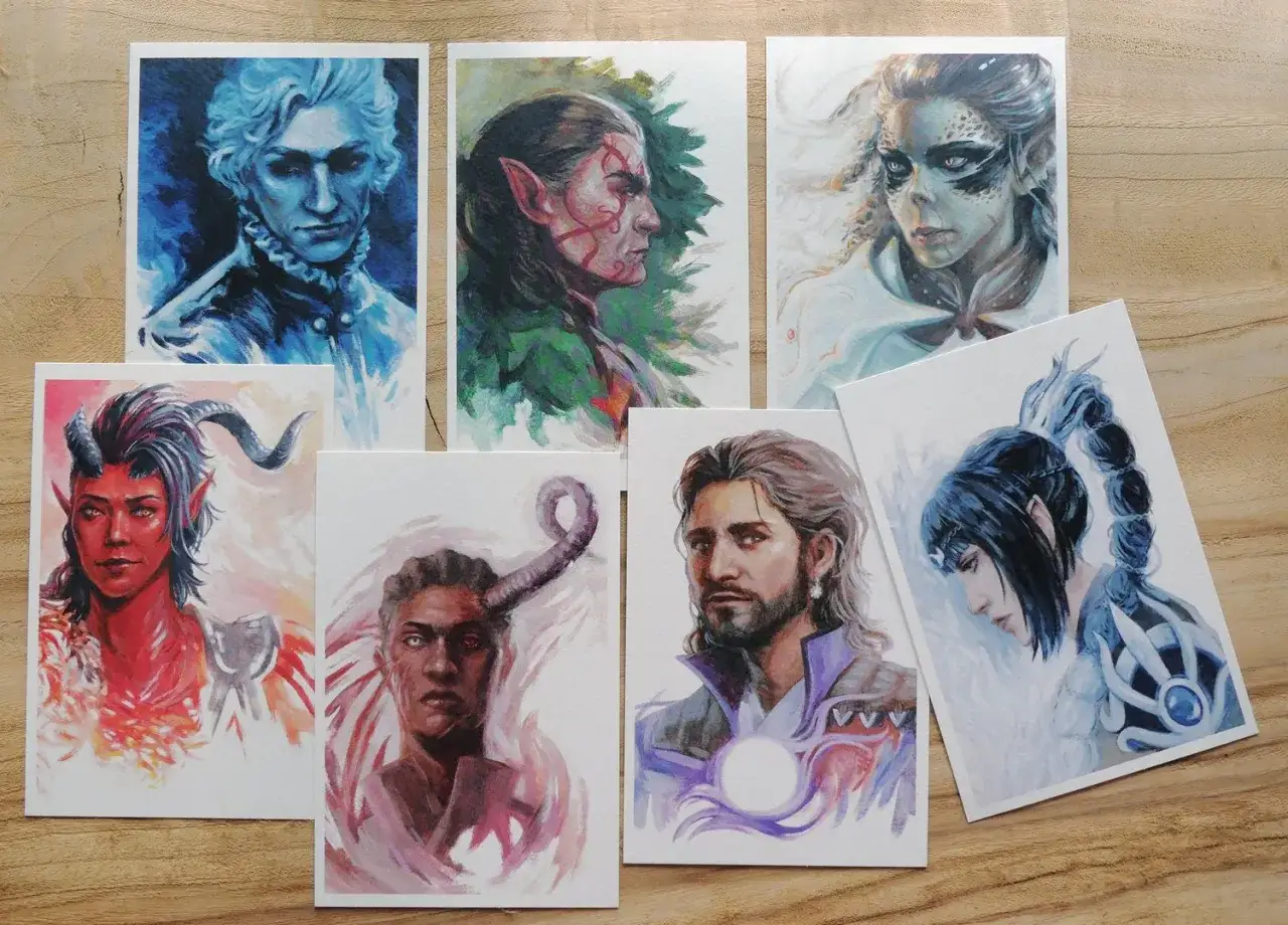Zbiór portretów baldur's gate postacie: elf, tiefling, człowiek i inne fantastyczne istoty.