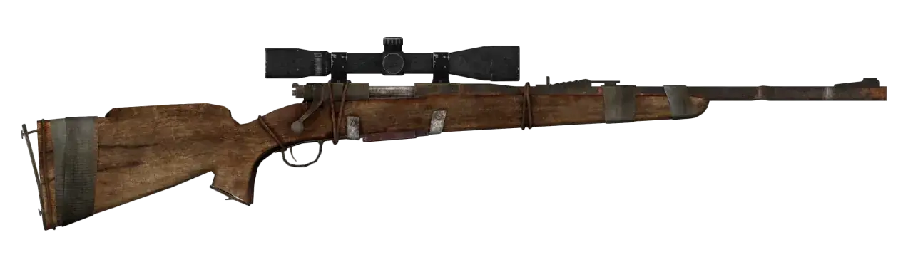 Karabin snajperski z lunetą, przypominający broń Boone'a z Fallout: New Vegas, z drewnianą kolbą i metalowymi elementami.