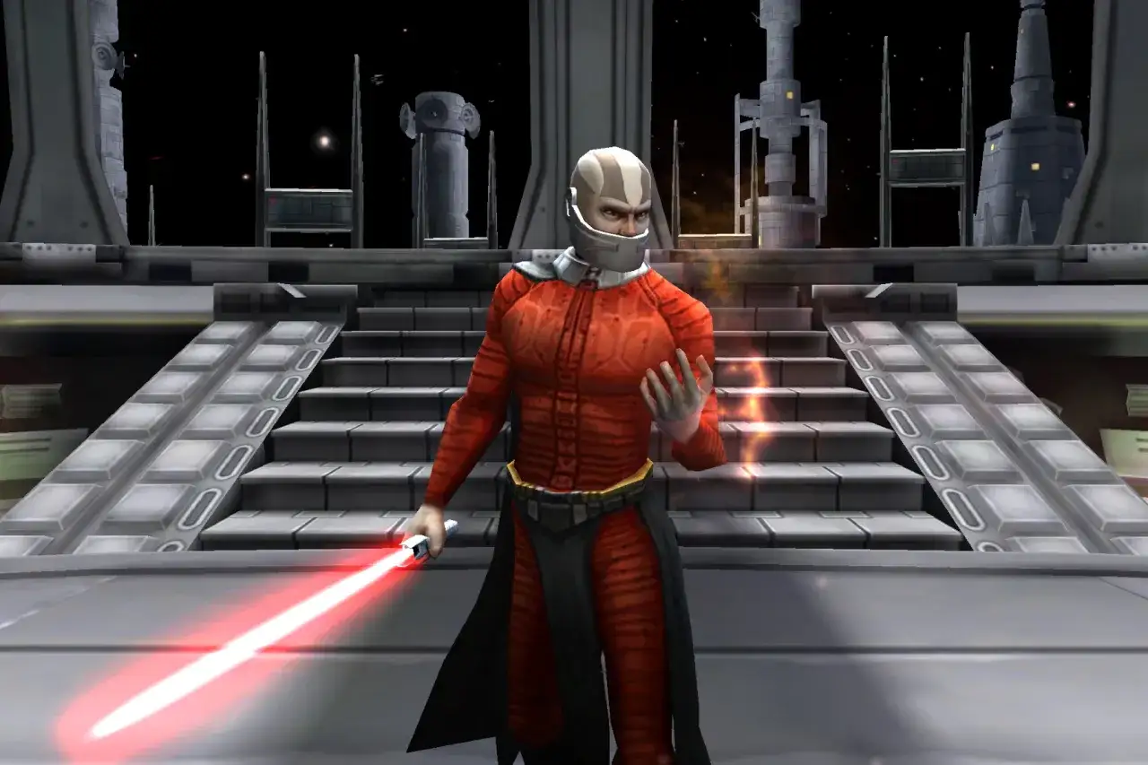 Star Wars Darth Malak w czerwonym stroju, z mieczem świetlnym i mocą.