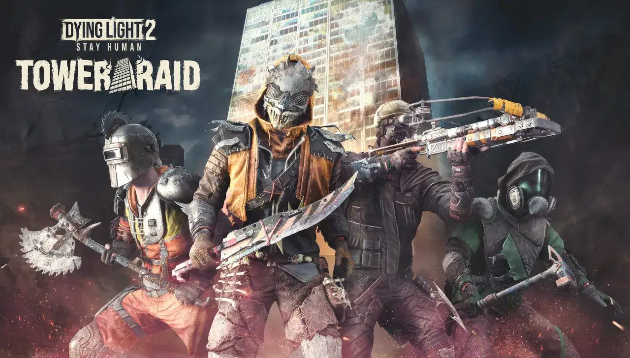 Czterech uzbrojonych ocalałych z gry Dying Light 2 przygotowuje się do walki w trybie pve. W tle widać zniszczony wieżowiec.