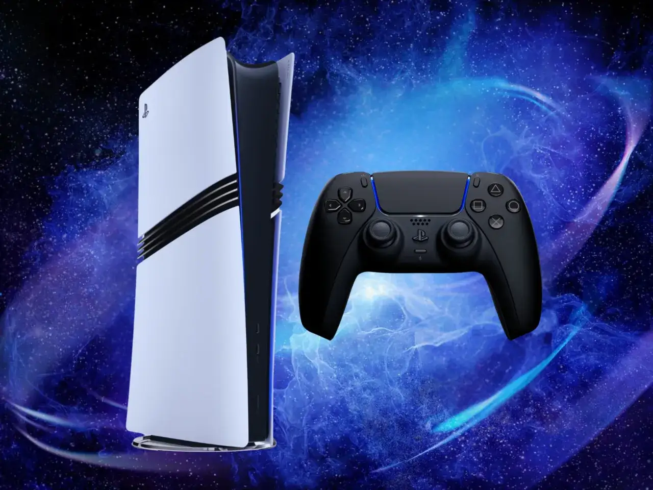 Konsola PS5 i kontroler DualSense na tle kosmicznej mgławicy. Premiera PS5 zapowiada nową erę gier.