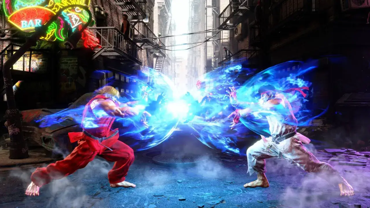 Ryu i Ken z SF6 w ogniu walki, ich ataki zderzają się w oślepiającym wybuchu energii.