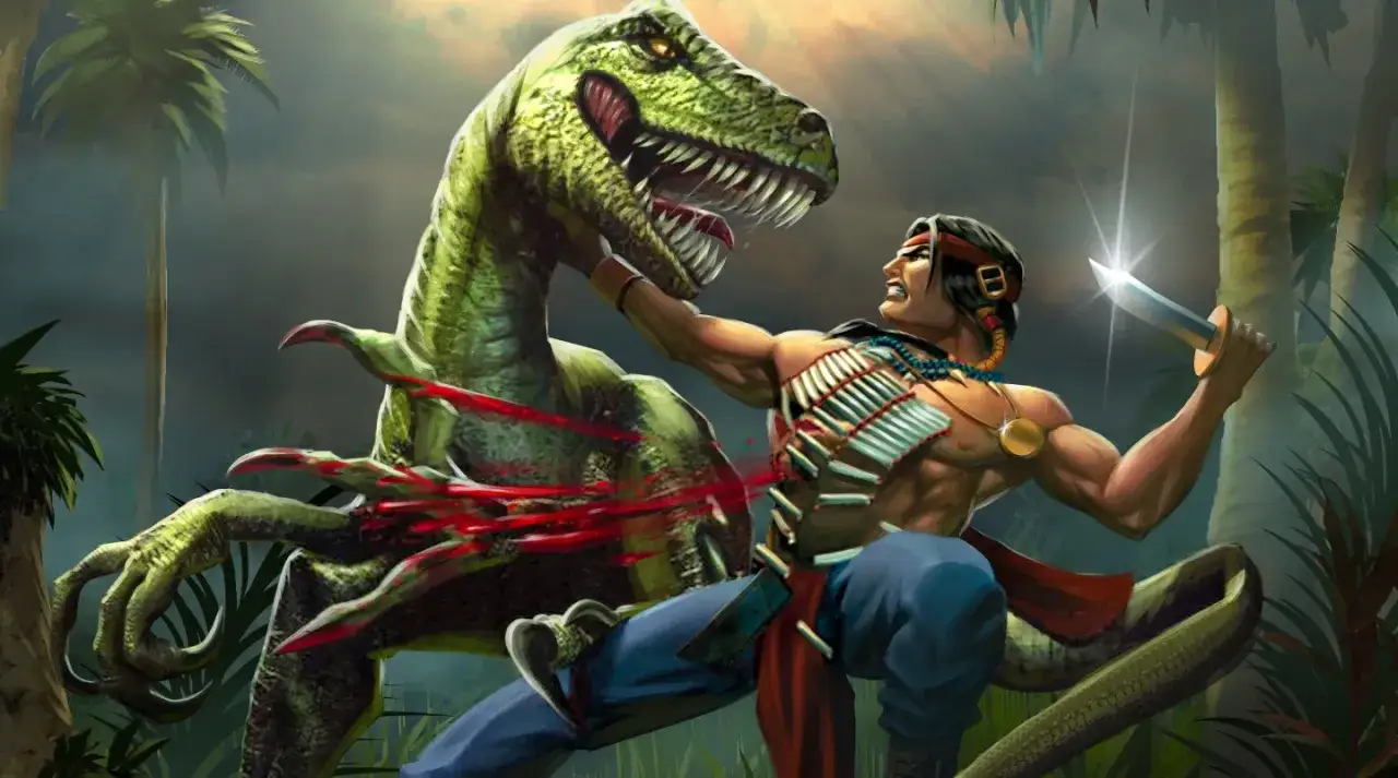 Turok walczy z zielonym dinozaurem w dżungli. Wojownik ma nóż, a gad krwawi.