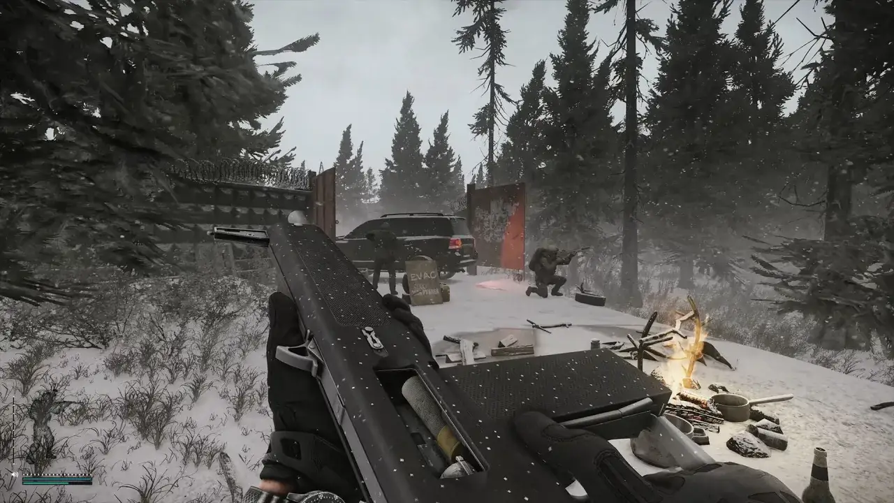 Gracz w śnieżnym lesie, przygotowujący się do walki. Zastanawiasz się nad escape from tarkov cena?