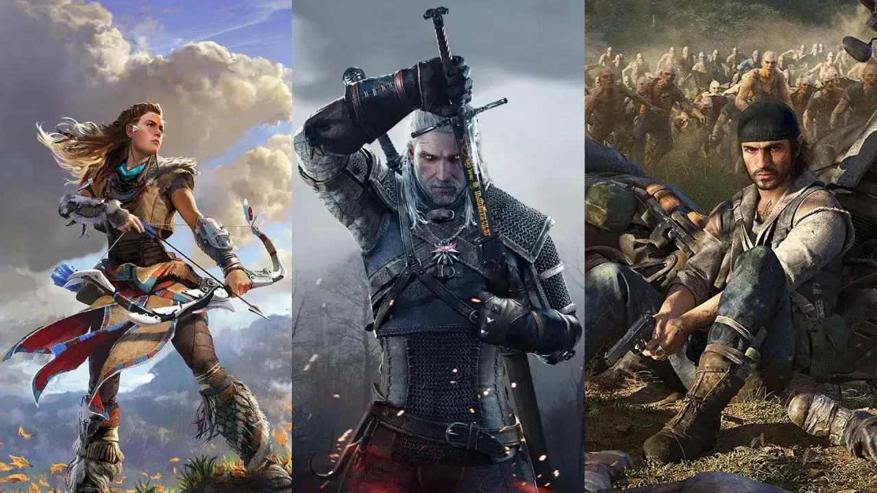 Aloy z łukiem, Geralt z mieczem i Deacon z pistoletem, bohaterowie gier sandbox.