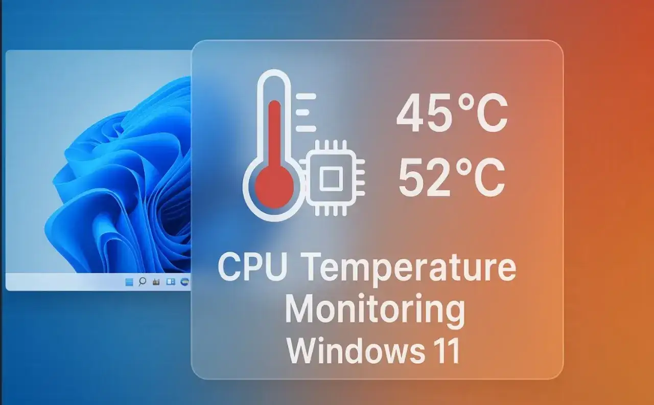 Monitoruj temperaturę procesora w Windows 11. Widok pokazuje termometr i ikonę CPU z odczytami 45°C i 52°C.