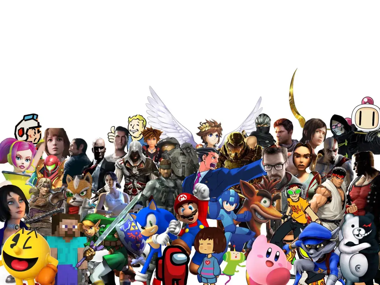 Wielka gromada kultowych postaci z gier: Mario, Sonic, Link, Pac-Man, Crash Bandicoot, Kratos i wielu innych.