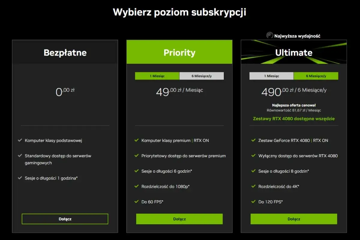 Porównanie cen GeForce Now: darmowy, Priority (49 zł/mies.) i Ultimate (490 zł/6 mies.). Wybierz najlepszą ofertę!