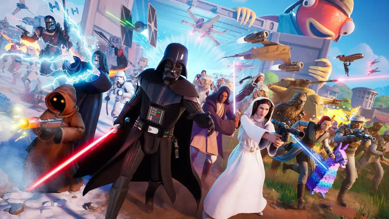 Darth Vader, Leia, Chewbacca i inni bohaterowie w akcji w grach Star Wars. Bitwa na miecze świetlne i statki kosmiczne.