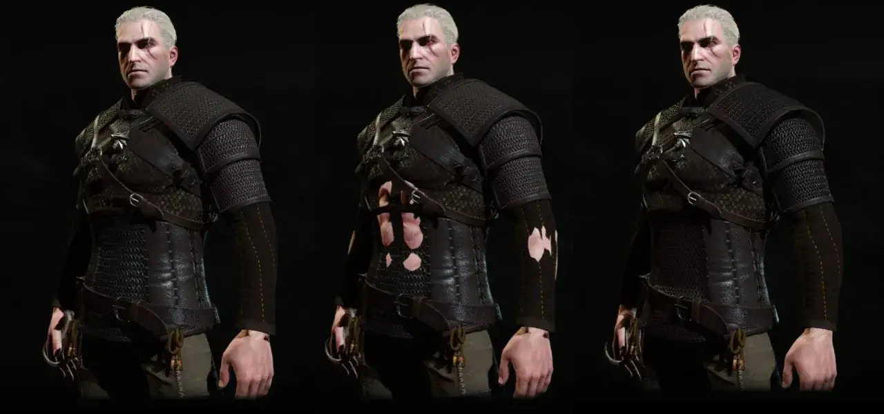 Geralt w arcymistrzowskim rynsztunku żmii, gotowy do walki.