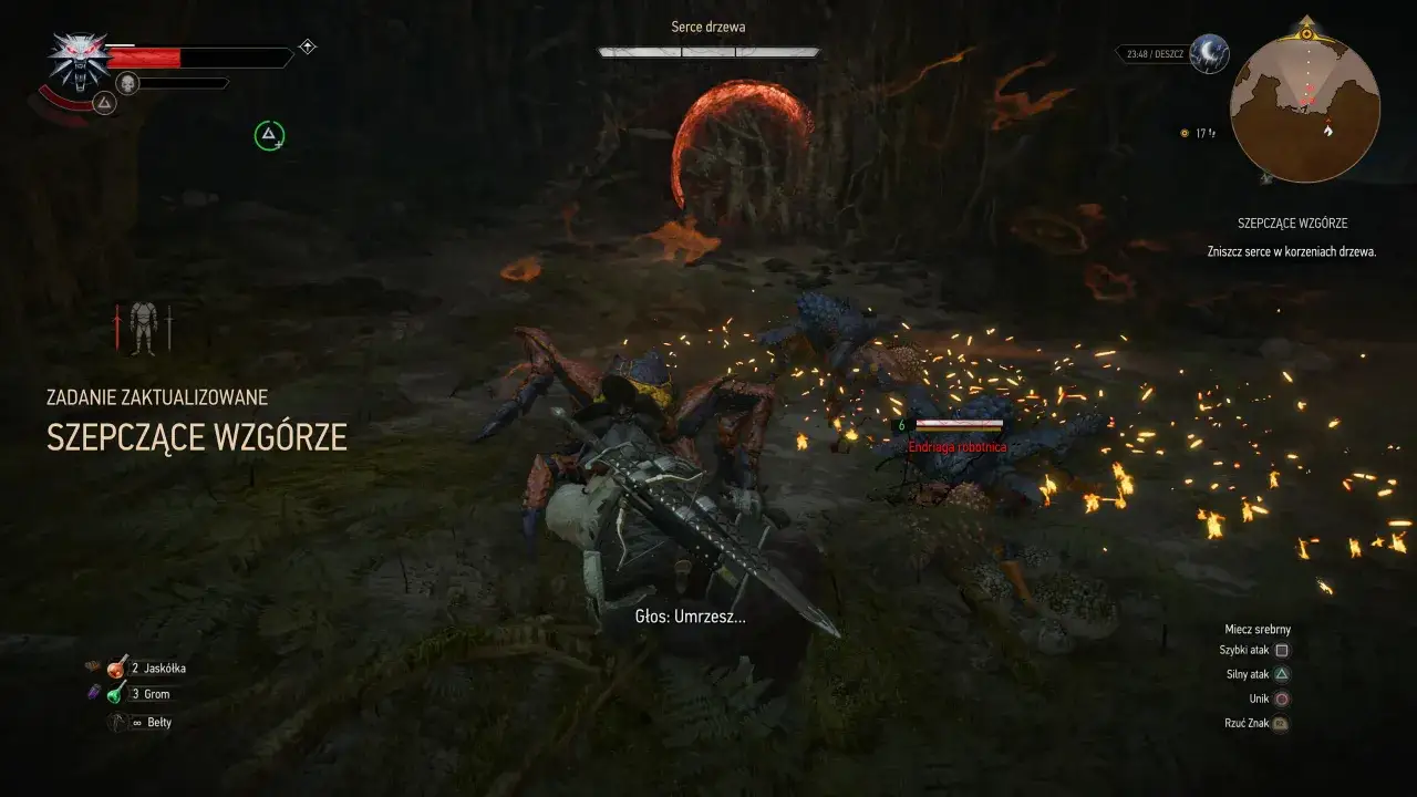 Geralt walczy z Endriagą robotnicą w mrocznym lesie. W tle widać pulsujące, czerwone 
