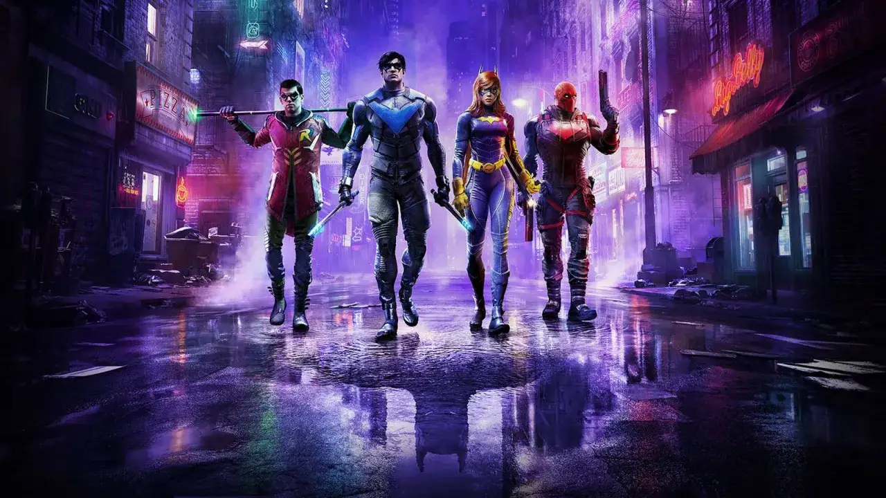 Czterech rycerzy Gotham: Robin, Nightwing, Batgirl i Red Hood, idą nocą przez neonowe ulice.