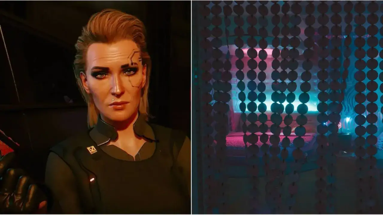 Meredith Stout, z cybernetycznymi implantami, spogląda zza zasłony z cekinów w neonowym pokoju.