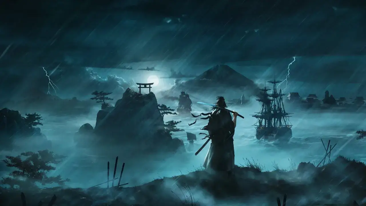 Samuraj z mieczem w burzliwy wieczór, na tle mglistego krajobrazu z żaglowcem i torii. To tron of darkness.