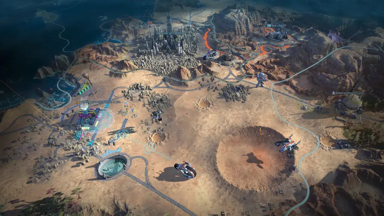 Mapa świata Age of Wonders Planetfall: pustynne krajobrazy, miasta, kratery i pojazdy.
