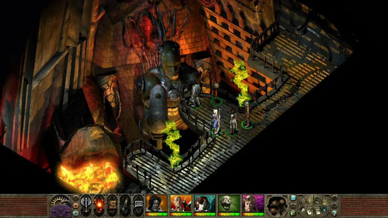 Postapokaliptyczna sceneria z gigantycznym posągiem i zielonym dymem. Postacie graczy w grze Planescape: Torment po polsku.
