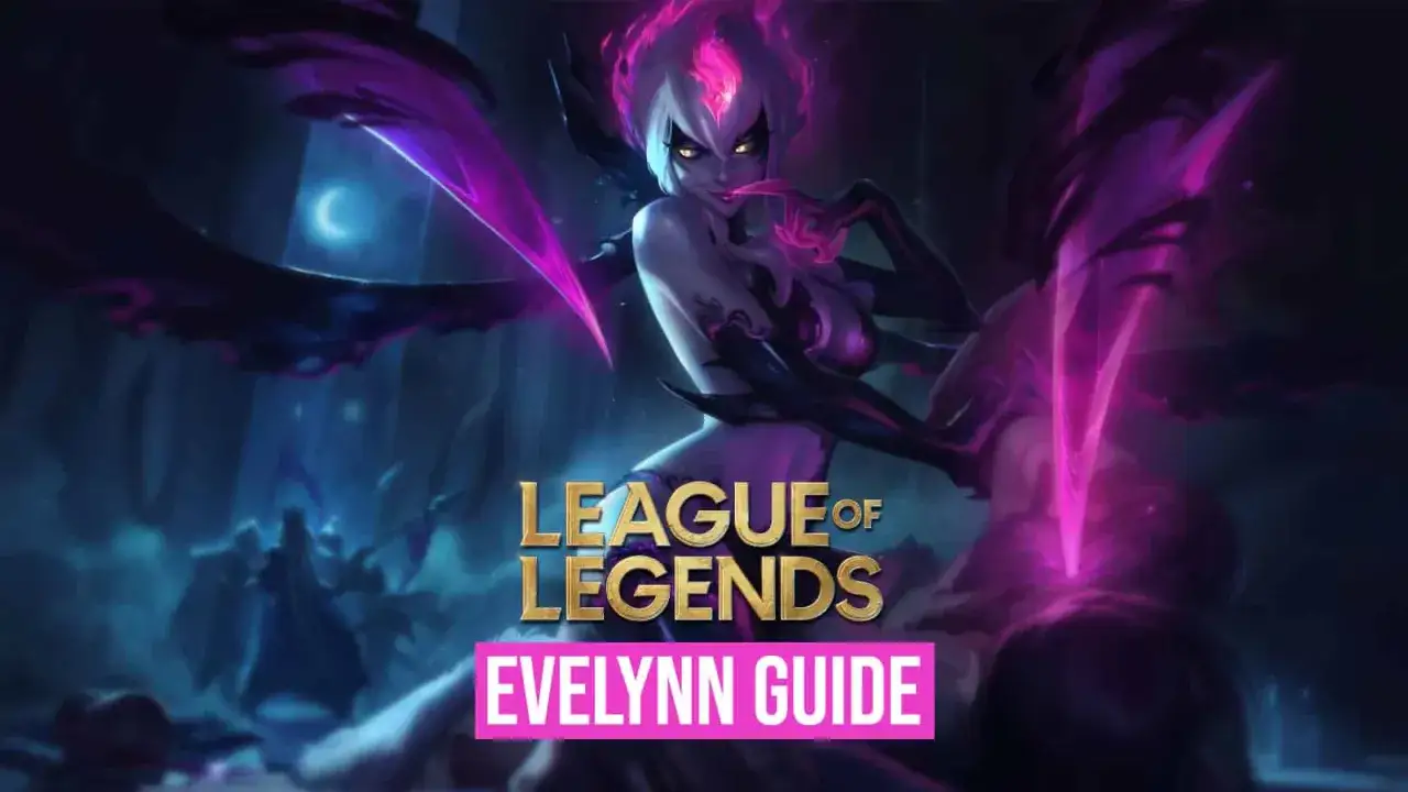 Evelynn, demonica z League of Legends, w mrocznym, fioletowym otoczeniu. Poradnik dla graczy.