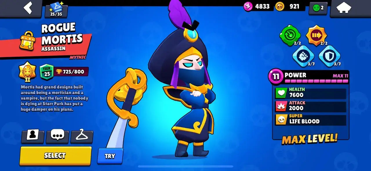Postać Rogue Mortis w grze Brawl Stars, poziom 25, z mieczem. Jego plany na bycie wampirem legły w gruzach.