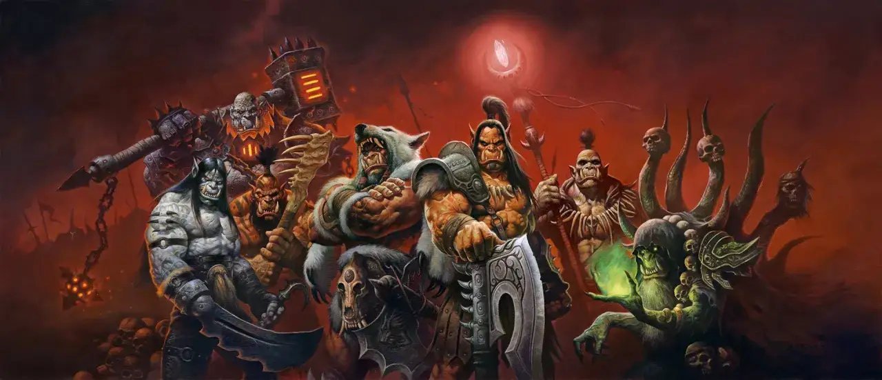 Grupa groźnych orków z World of Warcraft: Warlords of Draenor, z Groźnym Gromem na czele, szykuje się do bitwy.