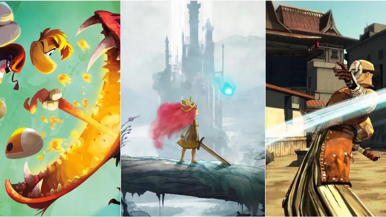 Kolaż z grafik z gier Ubisoft: Rayman, dziewczynka z mieczem i zamek, postać z mieczem świetlnym.
