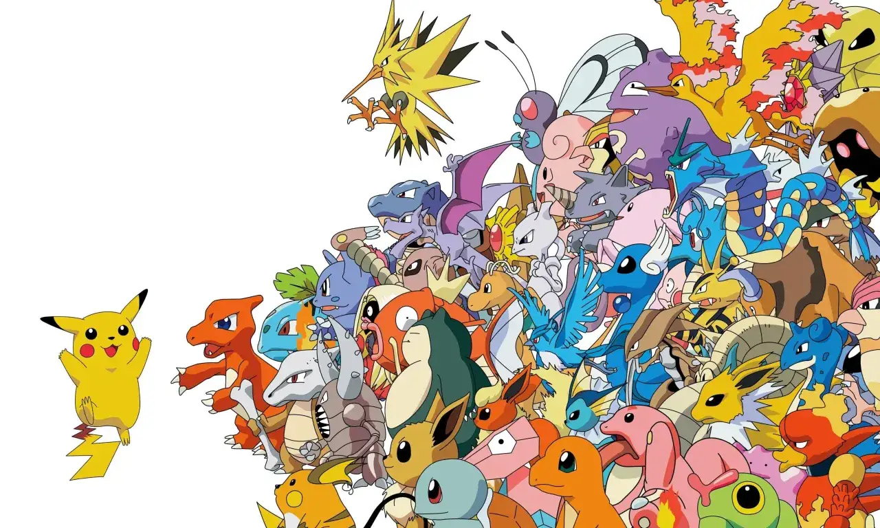 Pikachu i mnóstwo innych pokemonów, trudno policzyć ile jest pokemonów na tym obrazku!