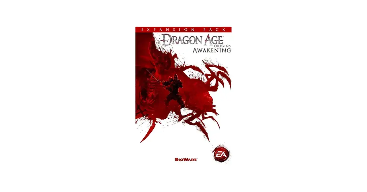Okładka gry Dragon Age Przebudzenie. Wojownik walczy z potworem w czerwonych barwach.