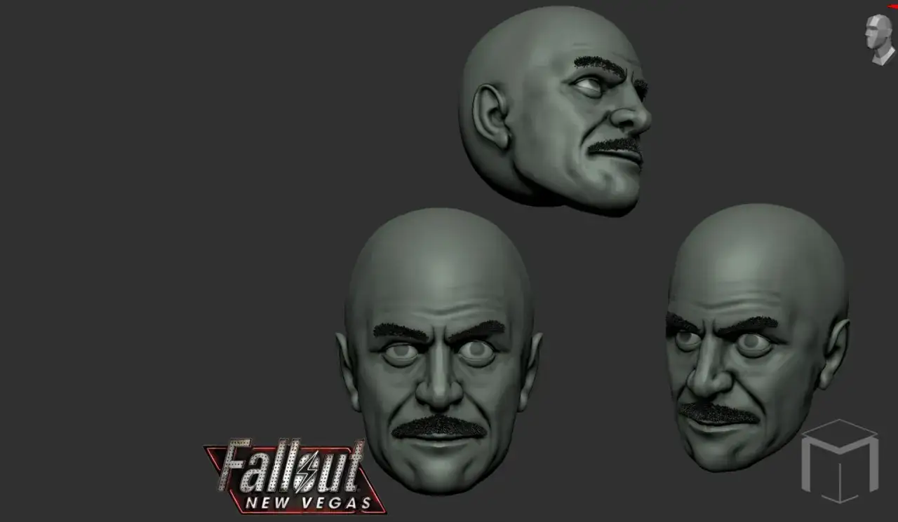 Model głowy Roberta House'a z gry Fallout: New Vegas. Trzy ujęcia postaci z charakterystycznym wąsem.