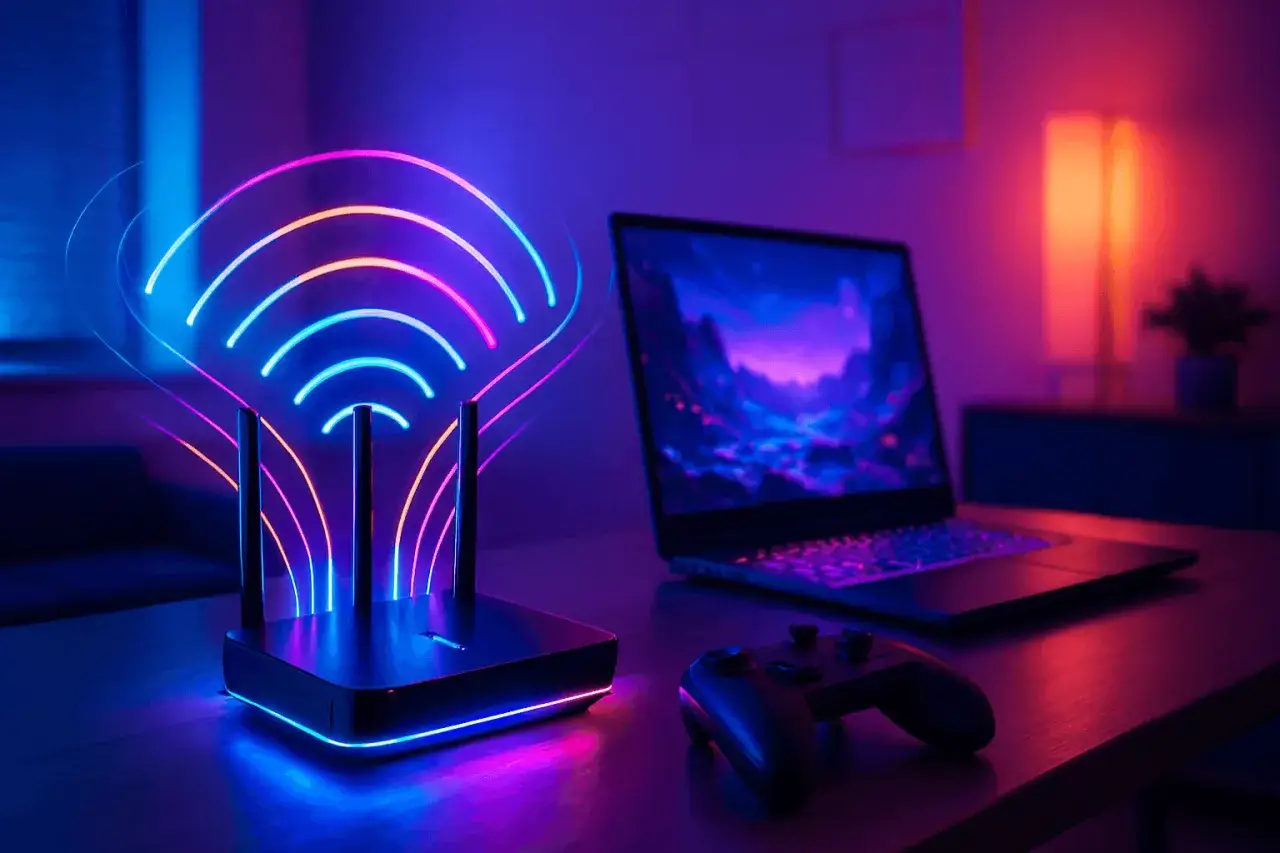 Router z neonowymi falami sygnału, laptop i kontroler do gier. To idealne warunki do grania w chmurze.